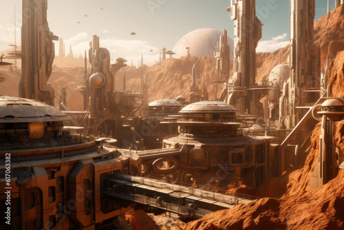 Fantastic city with Futuristic Buildings Situated on Mars Due to Space Exploration. Generative AI. photo