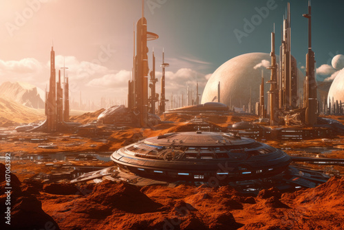 Modern Scientific Station situated in the Middle of the Red Desert of Mars. Generative AI. photo