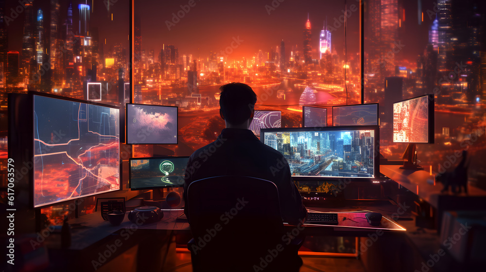 Programmer working on his computer in futuristic settings, dynamic colors. Concept artificial intelligence, futuristic city. Programmer working on his computer in futuristic settings, dynamic colors. Concept artificial intelligence, futuristic city.