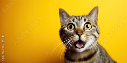 Shocked cat looking at camra on bright yellow background. AI generative.