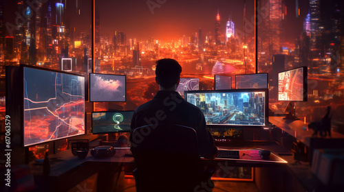 Programmer working on his computer in futuristic settings, dynamic colors. Concept artificial intelligence, futuristic city.