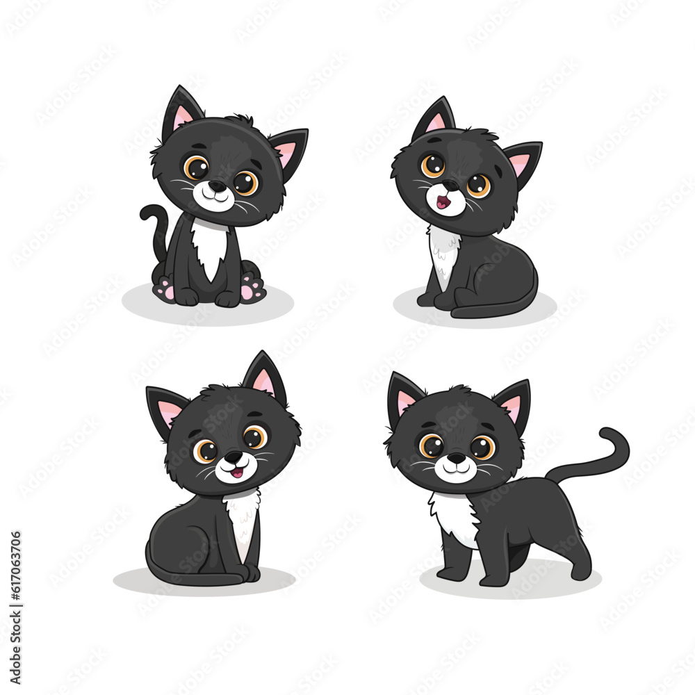 Set of funny cute cats in different poses in cartoon style. Black kitten. Vector illustration