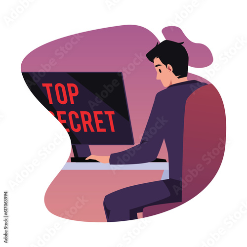 Vector isolated illustration of man in elegant suit sits at computer, checks top secret confidential data, Secret agent concept