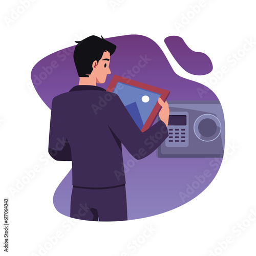 Special agent breaks open a safe with secret documents, flat vector isolated.
