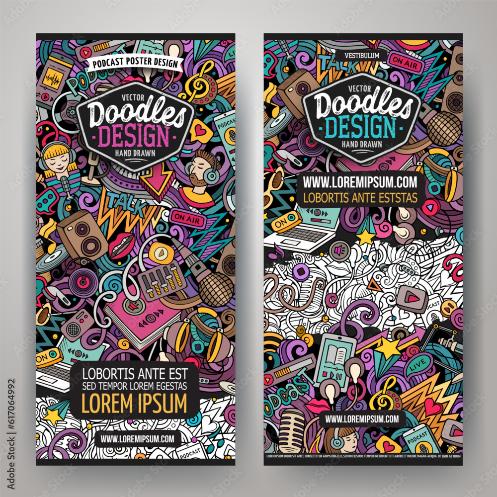 Obraz premium Cartoon vector doodle set of Audio Content banners