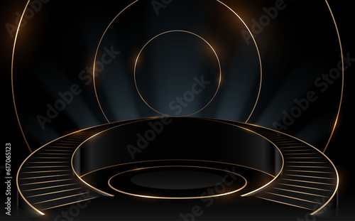 Black and gold circle stairs podium with light effect