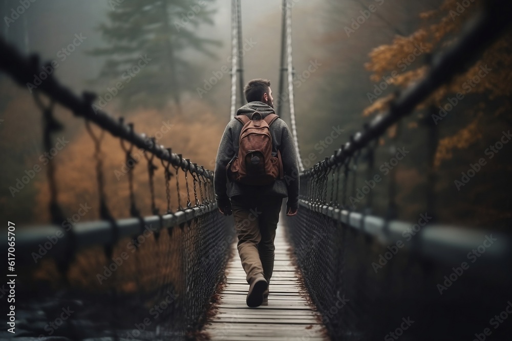 A shot of a hiker crossing a suspension bridge, Generative AI
 - obrazy, fototapety, plakaty 