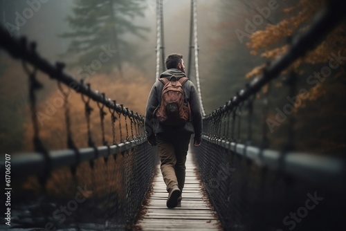 Fotografie, Obraz A shot of a hiker crossing a suspension bridge, Generative AI