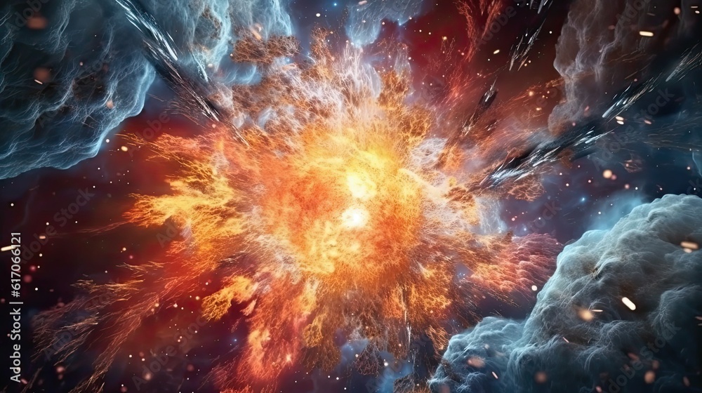 A cosmic explosion of stars and galaxies in a deep space backdrop. Colorful illustration art. Generative AI A cosmic explosion of stars and galaxies in a deep space backdrop. Colorful illustration art. Generative AI