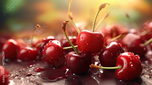 Fresh ripe Cherry fruit illustration. Natural food colorful background. Generative AI