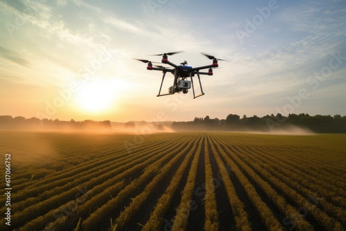 Drones spray fertilizer on the field at sunset. Generative AI