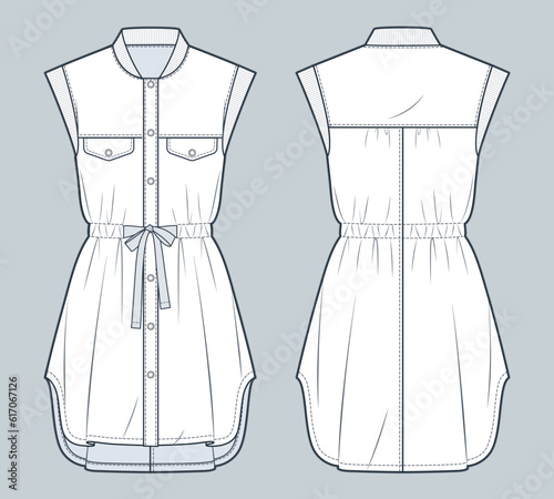 Shirt Dress technical fashion Illustration. Drawstring Dress fashion flat technical drawing template, ribbed collar, sleeveless, button down, front, back view, white, women, men, unisex CAD mockup.