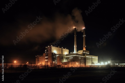 Coal-fired power plant at night. Generative AI © YouraPechkin