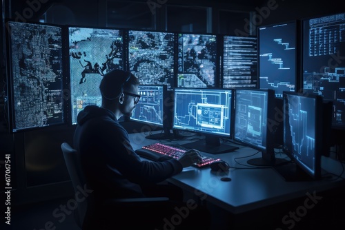 Programmer working at their computer, surrounded by monitors displaying code. Generative AI