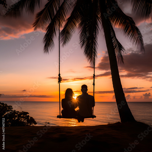 couple sitting on a swing  back to the camera  in front of the sunset over the sea  surrounded by coconut trees