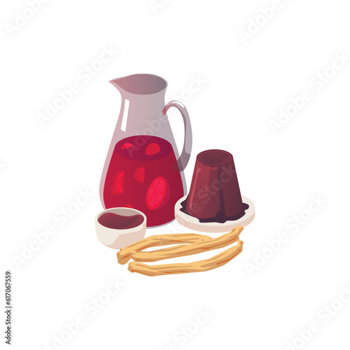 Churros, jug of sangria and sweet dessert Spanish food flat style