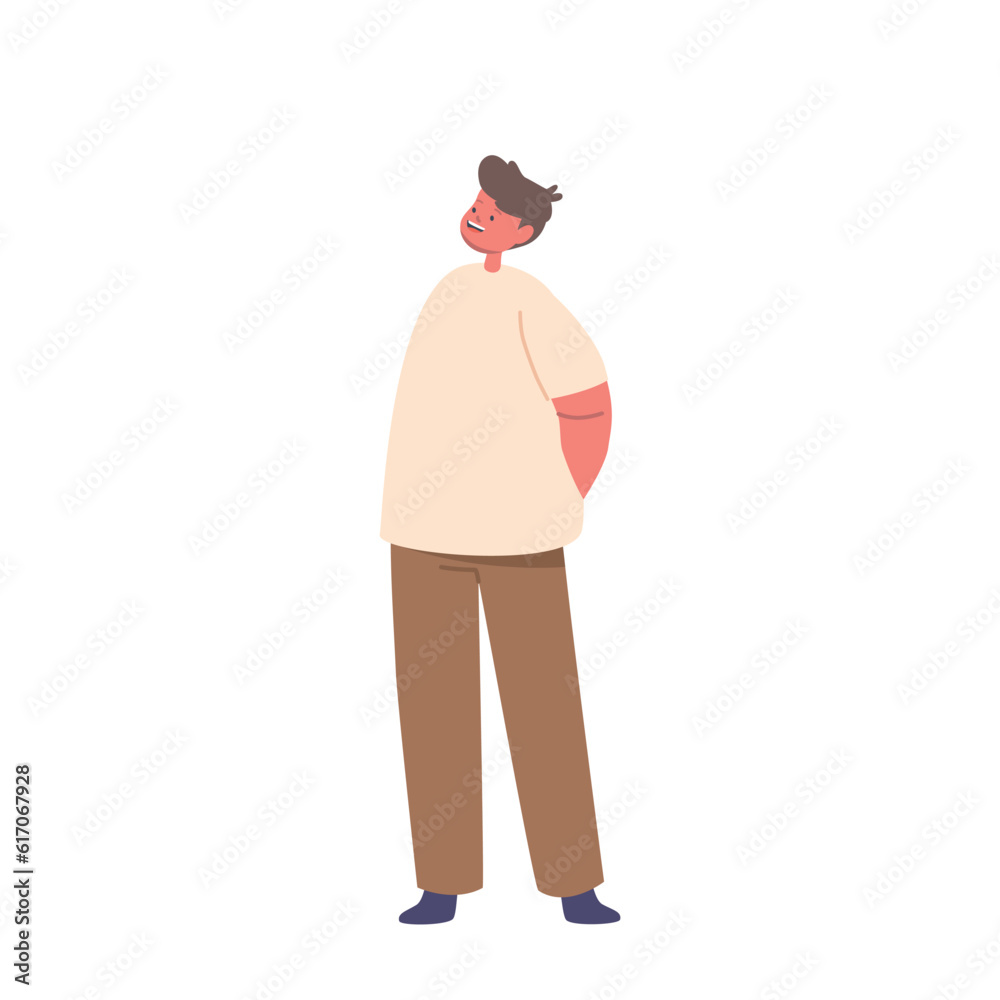 Innocent And Joyful, A Little Boy Character Stands With A Smile, His Hands Playfully Hidden Behind His Back Innocent And Joyful, A Little Boy Character Stands With A Smile, His Hands Playfully Hidden Behind His Back