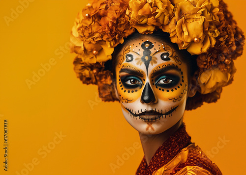 Colorful Mexican Day of the Dead. Woman portrait with vibrant skull make-up and floral accents. Mexican celebration inspired image with copy space