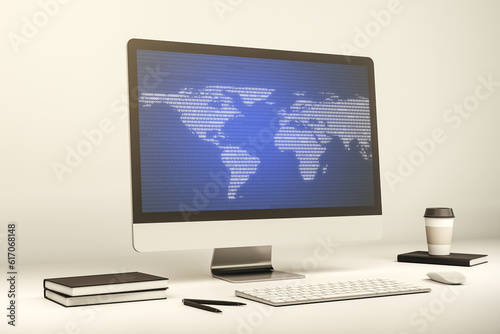 Abstract digital world map on modern computer monitor, big data and blockchain concept. 3D Rendering