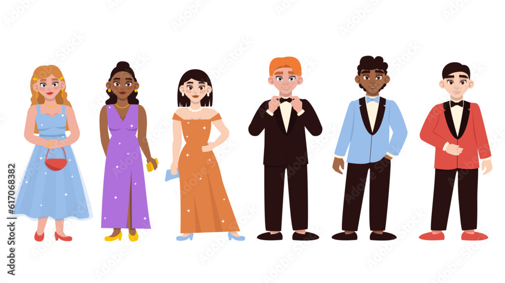 Set of cute characters in beautiful outfits for the event. Vector graphic.