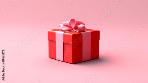 Red gift box with pink ribbon bow. Christmas. New year and sale event concept. on pink pastel background. generative ai