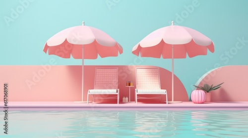 Pink sun parasol and pink beach chairs by pool, peaceful Pink summer concept with clear blue sky and water