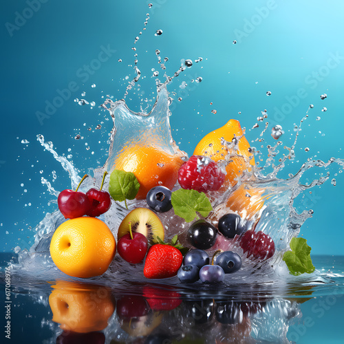 Falling seasonal fruits with water splash and gradient saturated color background. advertising photography concept, fresh fruit concept, summer