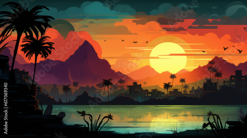 Illustration of a tropical landscape at sunset with palm trees a lake and beautiful mountains in background