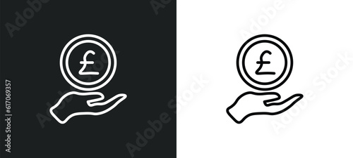 pound coin on hands line icon in white and black colors. pound coin on hands flat vector icon from pound coin on hands collection for web, mobile apps and ui.