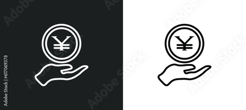 yen coin on hands line icon in white and black colors. yen coin on hands flat vector icon from yen coin on hands collection for web, mobile apps and ui.