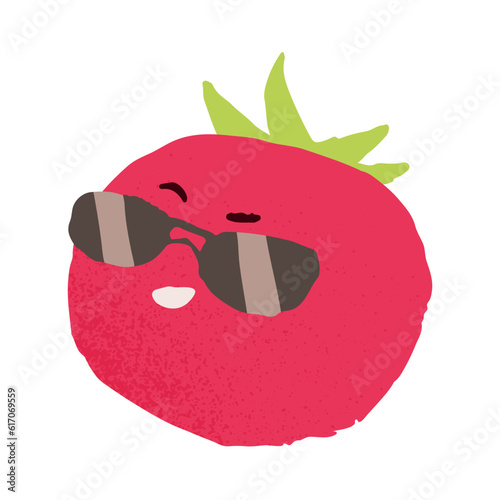 Funny cute tomato character in sunglasses. Happy cool vegetable in summer sun glasses smiling. Amusing comic food, macho seducer. Flat vector illustration isolated on white background