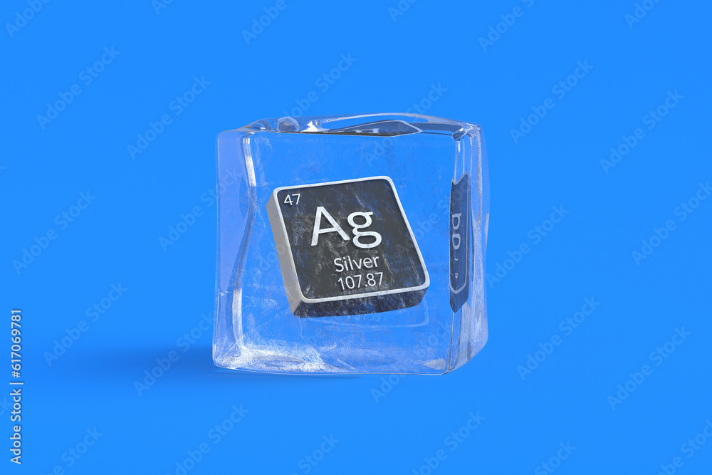 Silver Ag chemical element of periodic table in ice cube. Symbol of chemistry element. 3d render Silver Ag chemical element of periodic table in ice cube. Symbol of chemistry element. 3d render