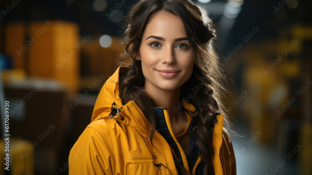 Smiling woman labor worker in industry factory logistic shipping warehouse Smiling woman labor worker in industry factory logistic shipping warehouse