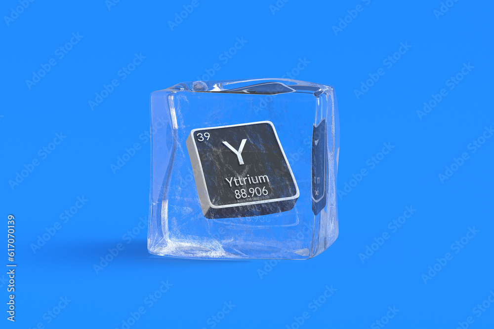 Yttrium Y chemical element of periodic table in ice cube. Symbol of chemistry element. 3d render Yttrium Y chemical element of periodic table in ice cube. Symbol of chemistry element. 3d render