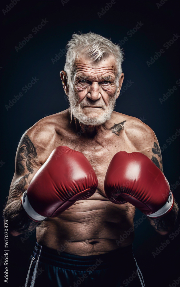 A determined-looking elderly man puts on boxing gloves