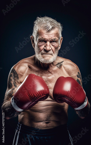 A determined-looking elderly man puts on boxing gloves © Giordano Aita