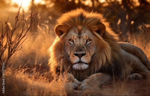 Majestic lion in the savanna  looking at camera  as sun sets