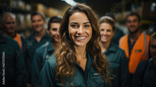 Group of smiling worker standing together at logistic distribution warehouse, Teamwork concept