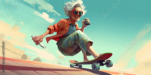 Generative AI. Grandma on a skateboard. Elderly on a skateboard 3d concept illustration