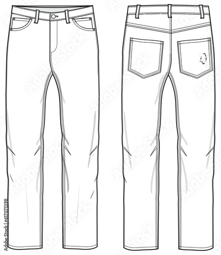 Men's denim jeans trouser pants front and back view flat sketch fashion illustration, five pockets denim pants vector template