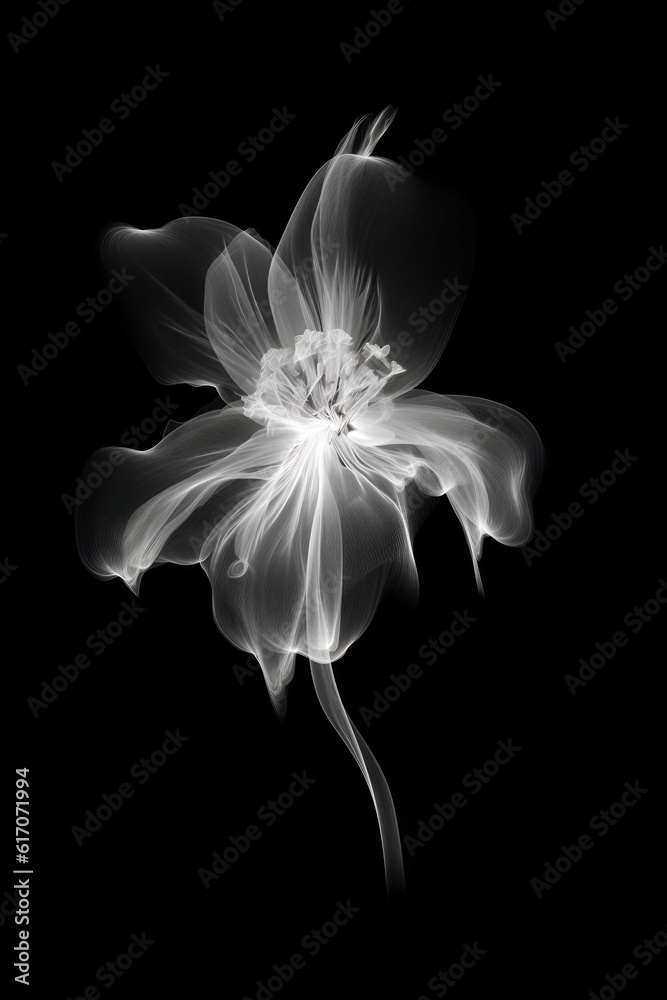 Abstract illustration of a white flower in x-ray style on black background,