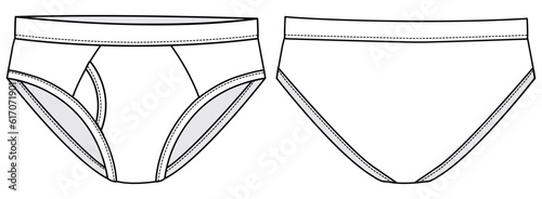 Men's underwear brief design front and back view flat sketch fashion illustration, Gents trunk under garments vector template