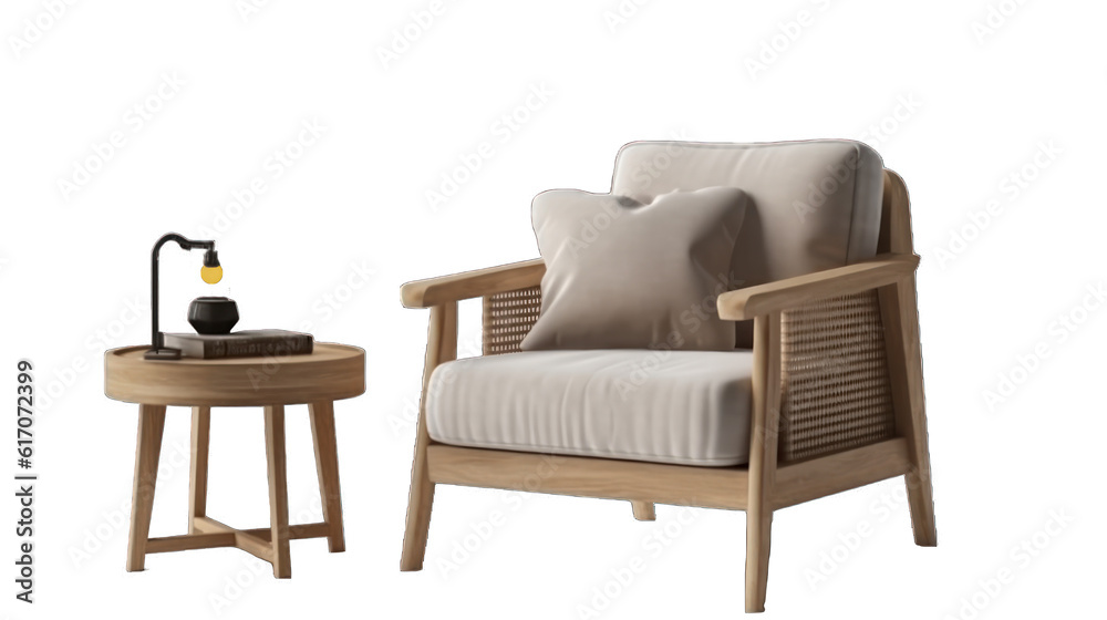 Fototapeta premium Wood armchair and side table, set of decor items furniture isolated on transparent or white background