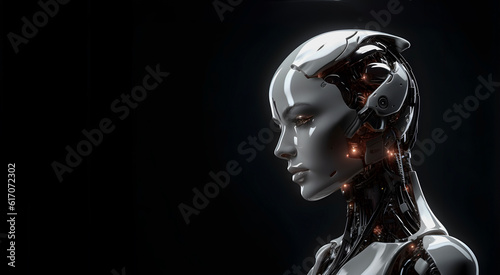 Female Robot portrait, technology concept, free copy space on dark background. AI generated © 18042011