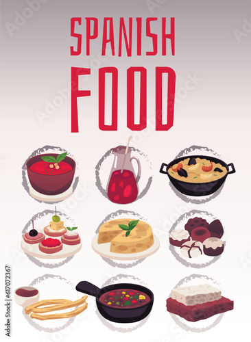 Vector set cartoon illustration of National spanish cuisine. Paella, Panellets, Sangria, Prosciutto hamlog and others are traditional spanish food