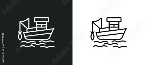 fishing boat line icon in white and black colors. fishing boat flat vector icon from fishing boat collection for web, mobile apps and ui.