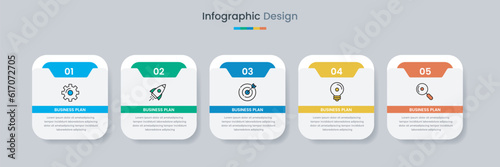 Business infographic design template with icons and 5 options or steps. Can be used for workflow, presentation, etc. Vector illustration