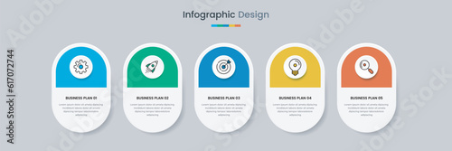 Business infographic design template with icons and 5 options or steps. Can be used for workflow, presentation, etc. Vector illustration