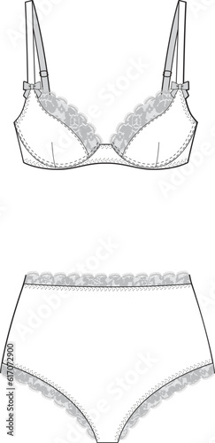 Floral Lace Bra and high rise hipster panty women's lingerie set design flat sketch fashion illustration vector template