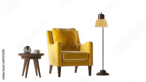 Yellow armchair with table and lamp, set of decor items furniture isolated on transparent or white background